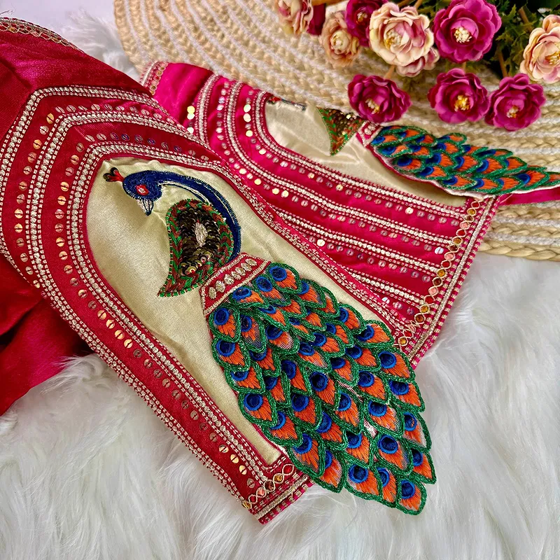 Rani Color 3D Peacock Italian Silk Heavy Sleeve Blouse