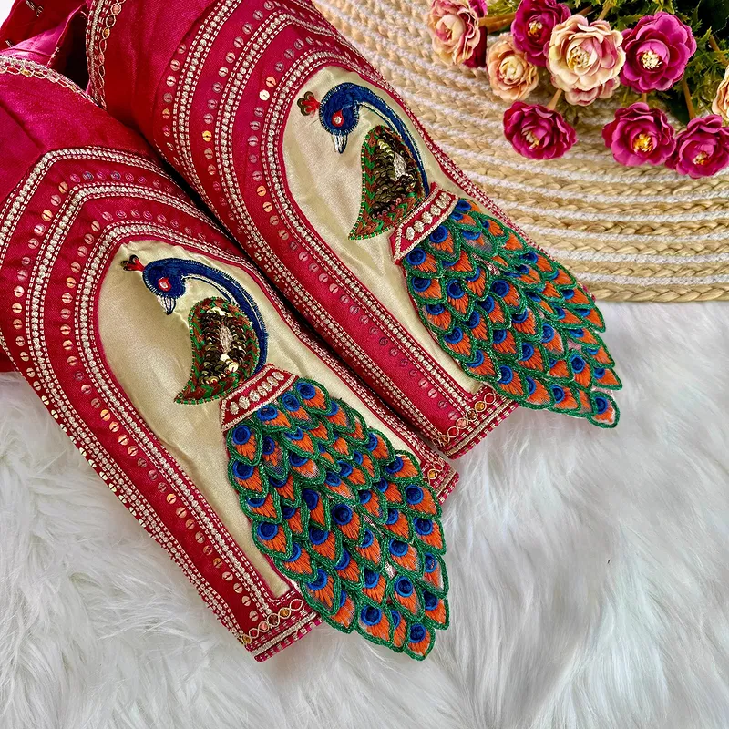 Rani Color 3D Peacock Italian Silk Heavy Sleeve Blouse