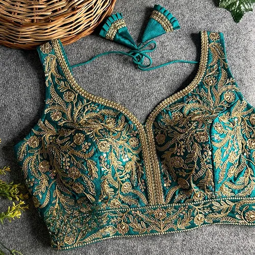 Rama Color Fancy Bridal Blouse with Heavy Embroidery & Latkans in Italian Silk