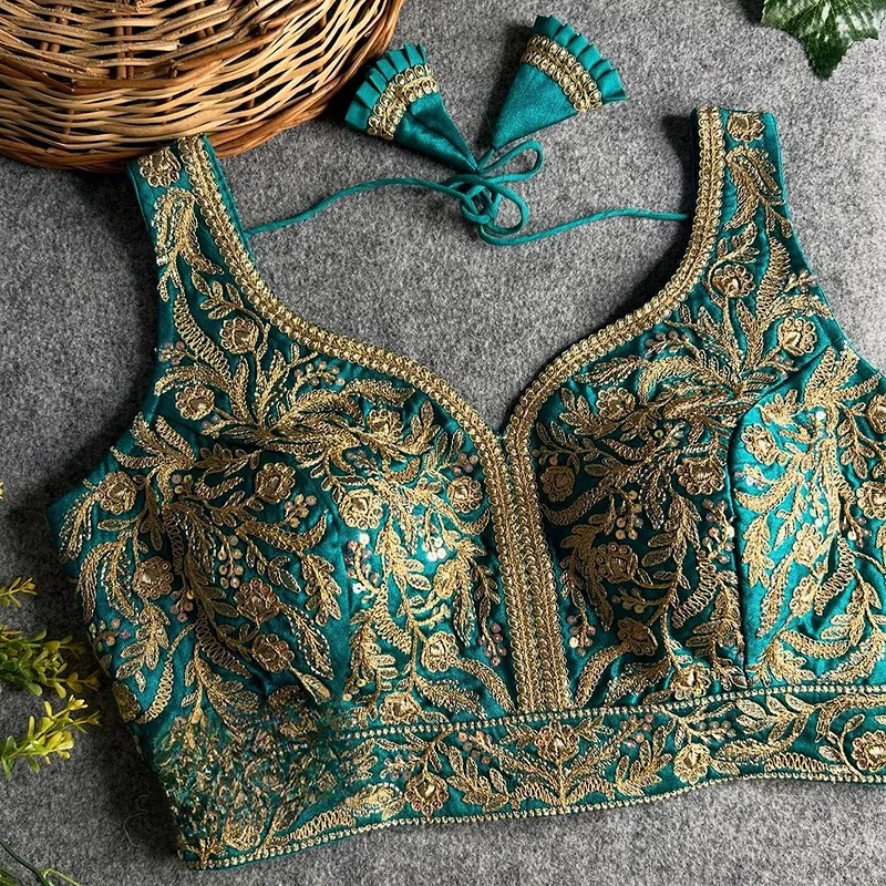 Rama Color Fancy Bridal Blouse with Heavy Embroidery & Latkans in Italian Silk