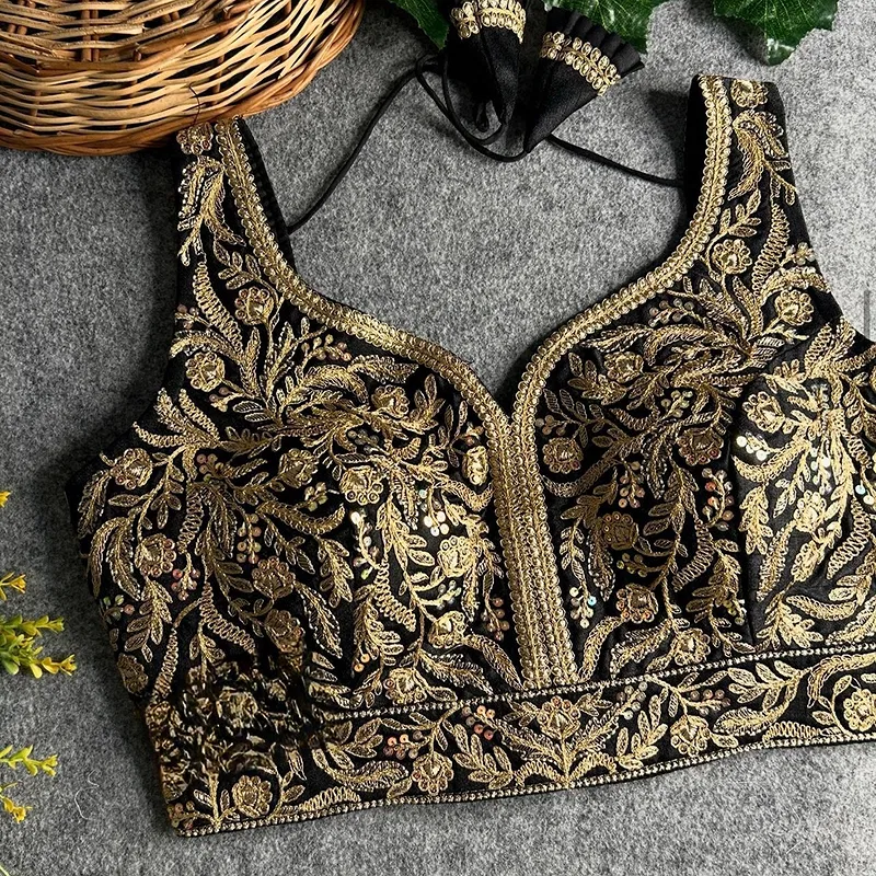 Black Color Fancy Bridal Blouse with Heavy Embroidery & Latkans in Italian Silk