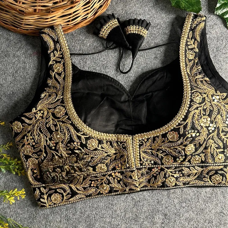 Black Color Fancy Bridal Blouse with Heavy Embroidery & Latkans in Italian Silk