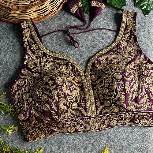 Wine Color Fancy Bridal Blouse with Heavy Embroidery & Latkans in Italian Silk