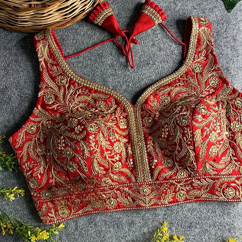 Red Color Fancy Bridal Blouse with Heavy Embroidery & Latkans in Italian Silk