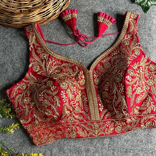 Rani Color Fancy Bridal Blouse with Heavy Embroidery & Latkans in Italian Silk