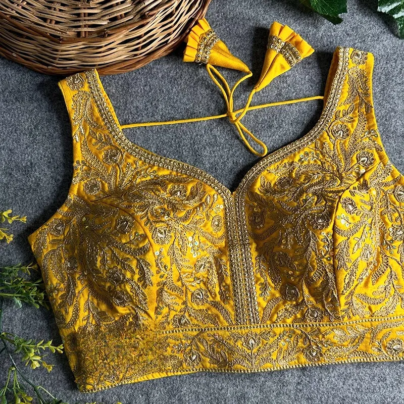 Yellow Color Fancy Bridal Blouse with Heavy Embroidery & Latkans in Italian Silk