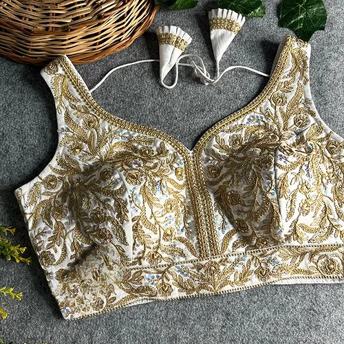 White Color Fancy Bridal Blouse with Heavy Embroidery & Latkans in Italian Silk