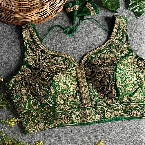 Green Color Fancy Bridal Blouse with Heavy Embroidery & Latkans in Italian Silk