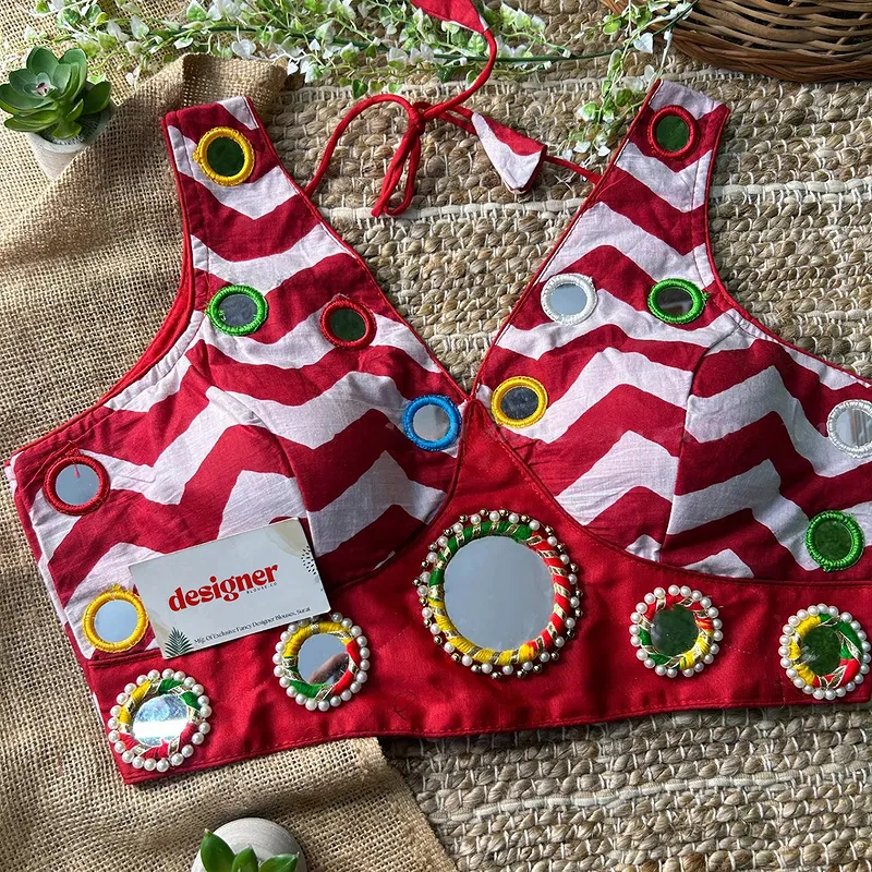 Red Color Navratri Special Readymade Blouse with Mirror Work
