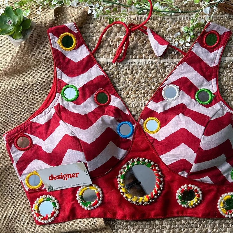 Red Color Navratri Special Readymade Blouse with Mirror Work