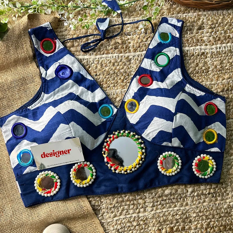 Blue Color Navratri Special Readymade Blouse with Mirror Work