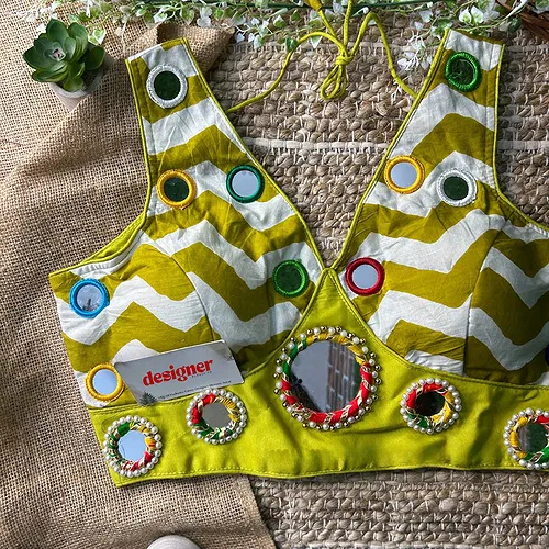 Parrot Green Color Navratri Special Readymade Blouse with Mirror Work