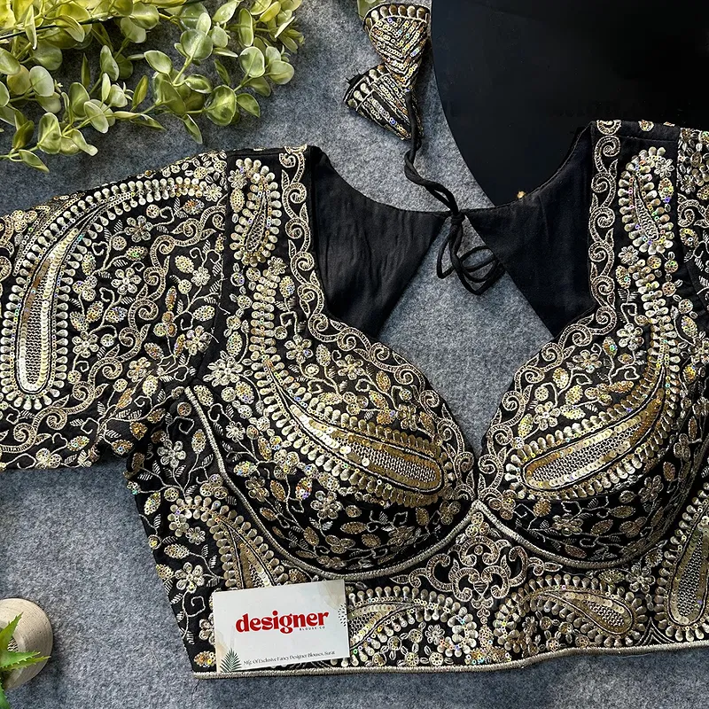 Black Color Italian Silk Readymade Designer Blouse with Sequin & Codding Work