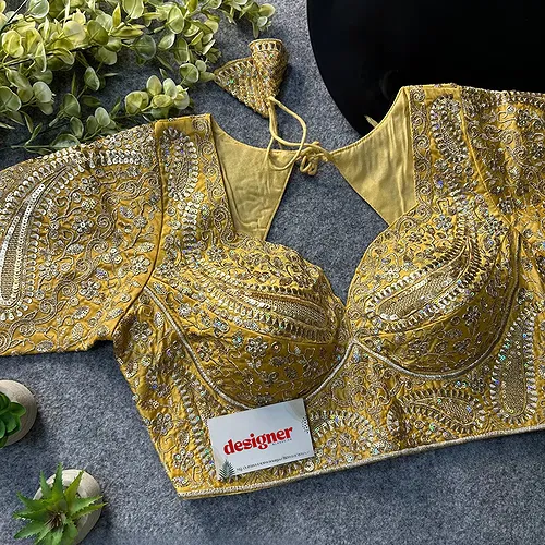 Yellow Color Italian Silk Readymade Designer Blouse with Sequin & Codding Work