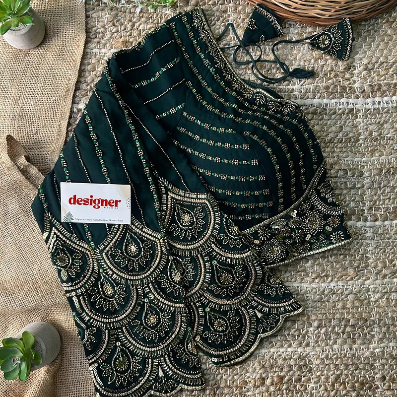 Bottle Green Color Beaded Heavy Work Full Sleeve Readymade Designer Blouse	