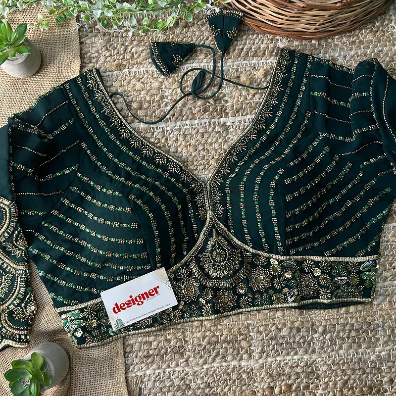 Bottle Green Color Beaded Heavy Work Full Sleeve Readymade Designer Blouse	