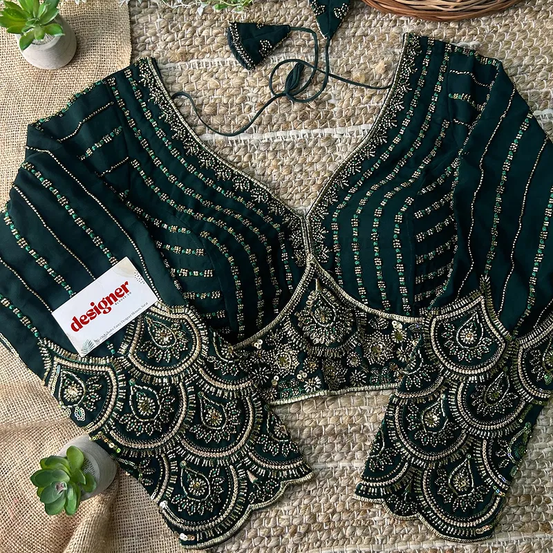 Bottle Green Color Beaded Heavy Work Full Sleeve Readymade Designer Blouse	