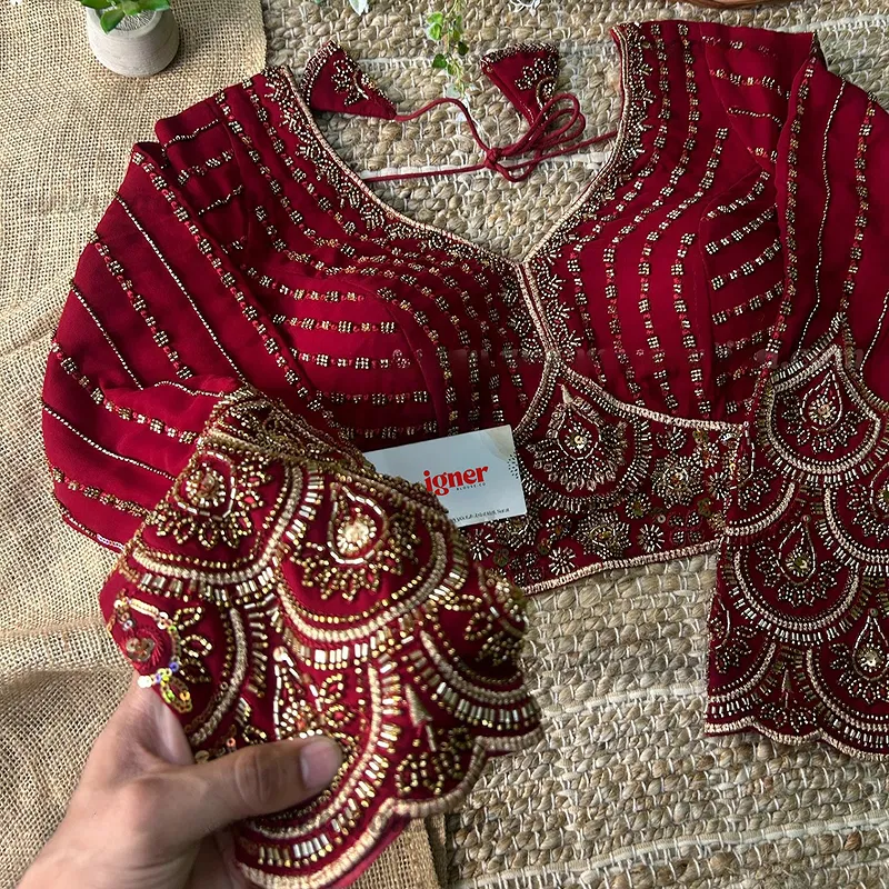 Maroon Color Beaded Readymade Designer Blouse With Long Sleeves
