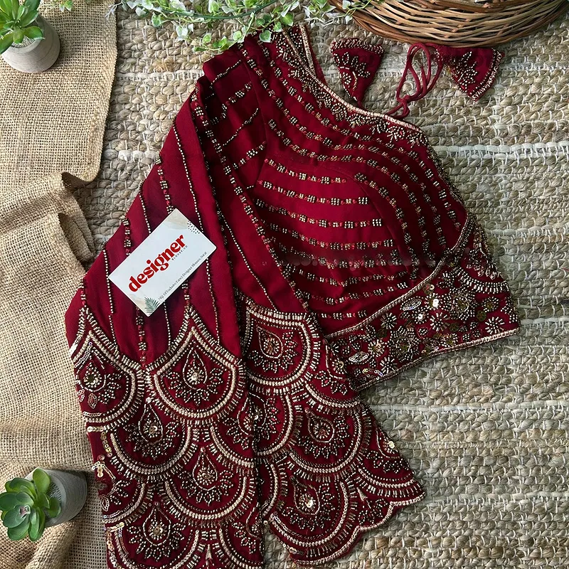 Maroon Color Beaded Readymade Designer Blouse With Long Sleeves
