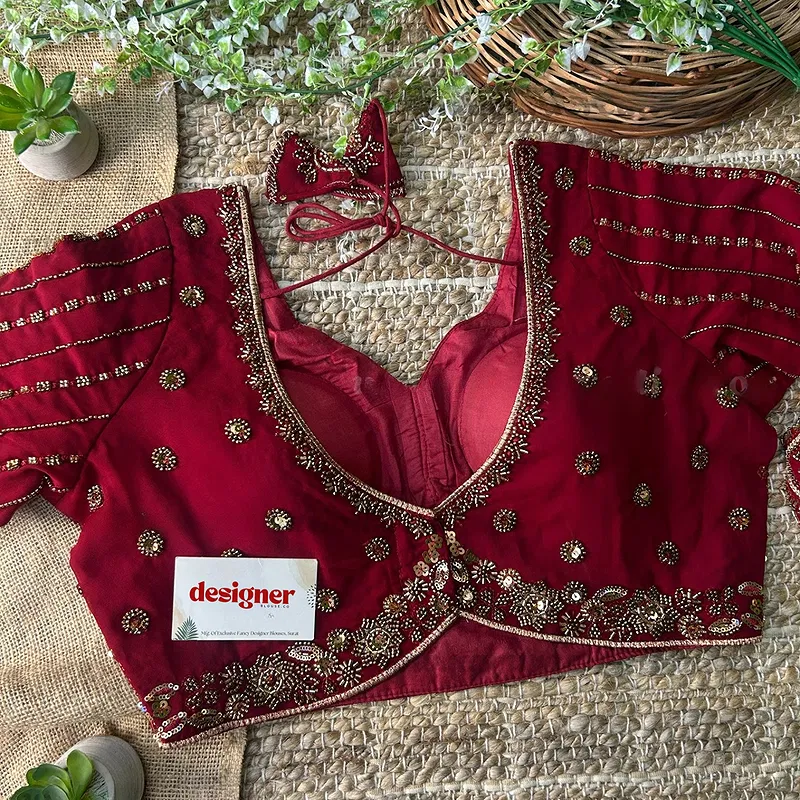 Maroon Color Beaded Readymade Designer Blouse With Long Sleeves