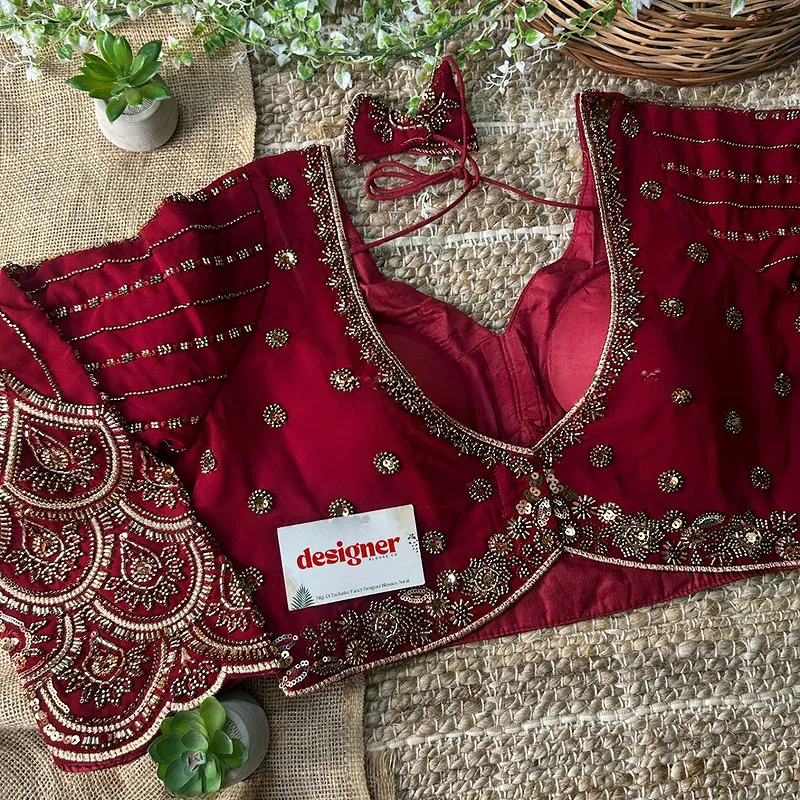 Maroon Color Beaded Readymade Designer Blouse With Long Sleeves