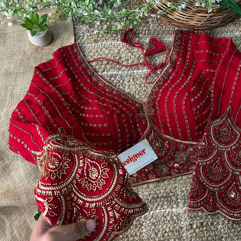 Red Color Beaded Readymade Designer Blouse With Long Sleeves