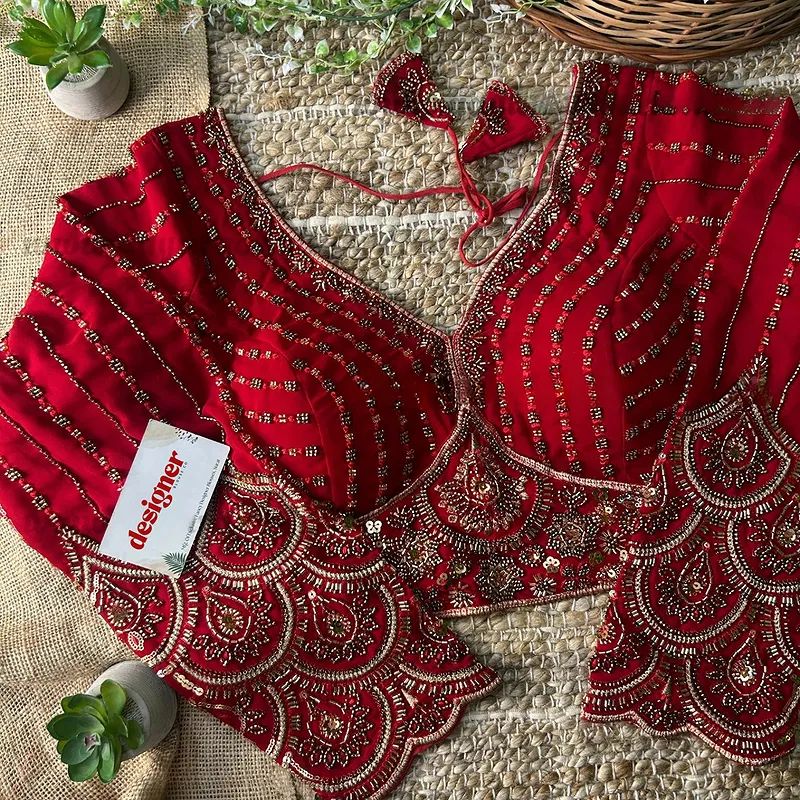 Red Color Beaded Readymade Designer Blouse With Long Sleeves