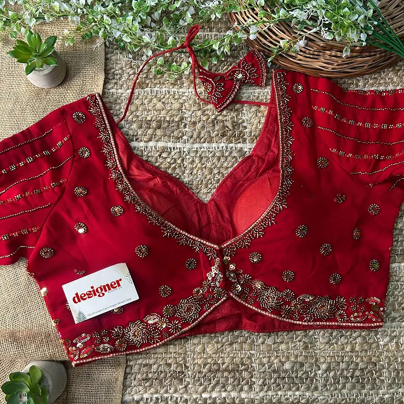 Red Color Beaded Readymade Designer Blouse With Long Sleeves