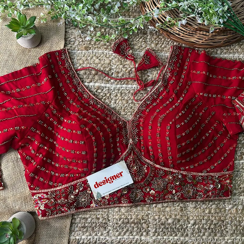 Red Color Beaded Readymade Designer Blouse With Long Sleeves