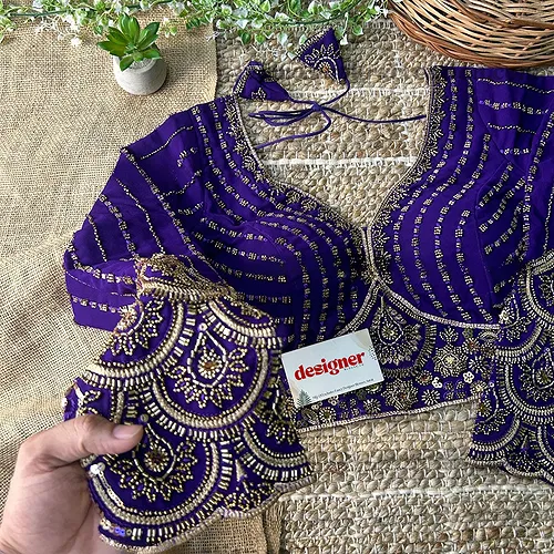 Purple Color Beaded Readymade Designer Blouse With Long Sleeves