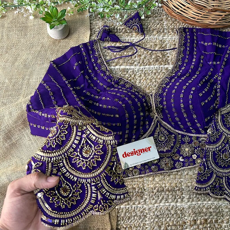 Purple Color Beaded Readymade Designer Blouse With Long Sleeves
