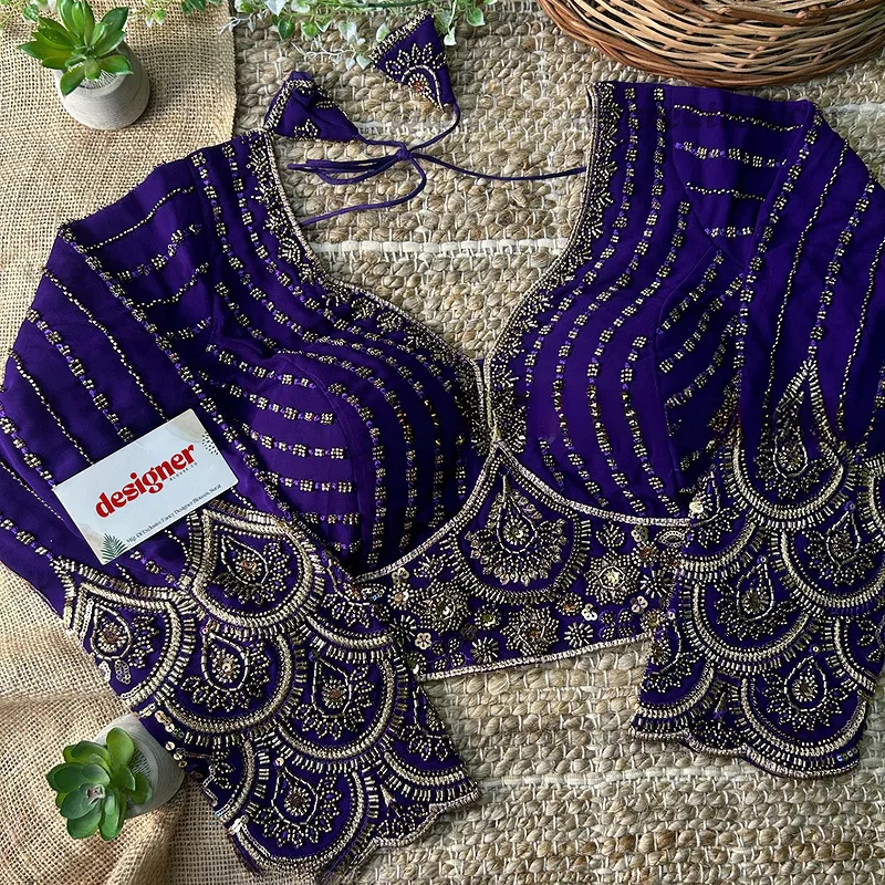 Purple Color Beaded Readymade Designer Blouse With Long Sleeves