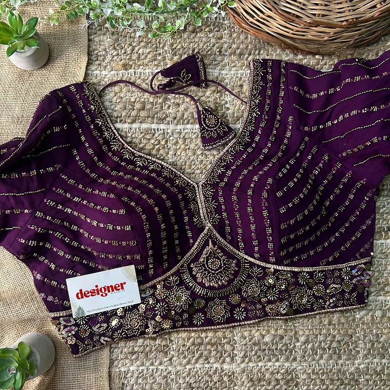 Wine Color Beaded Readymade Designer Blouse With Long Sleeves