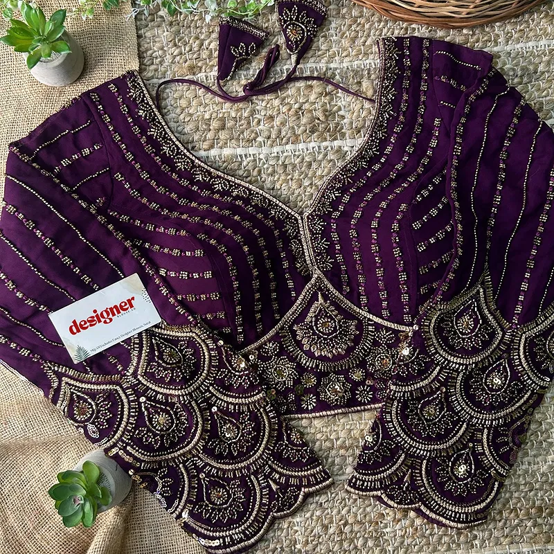 Wine Color Beaded Readymade Designer Blouse With Long Sleeves