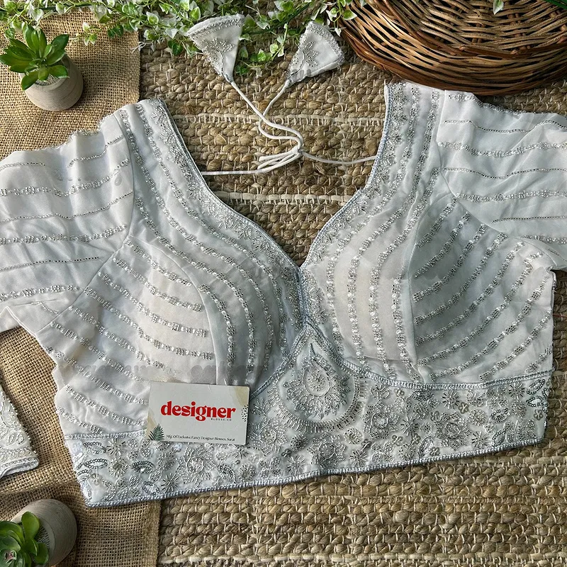 White Color Beaded Readymade Designer Blouse With Long Sleeves