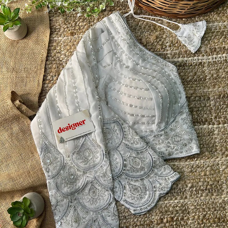 White Color Beaded Readymade Designer Blouse With Long Sleeves