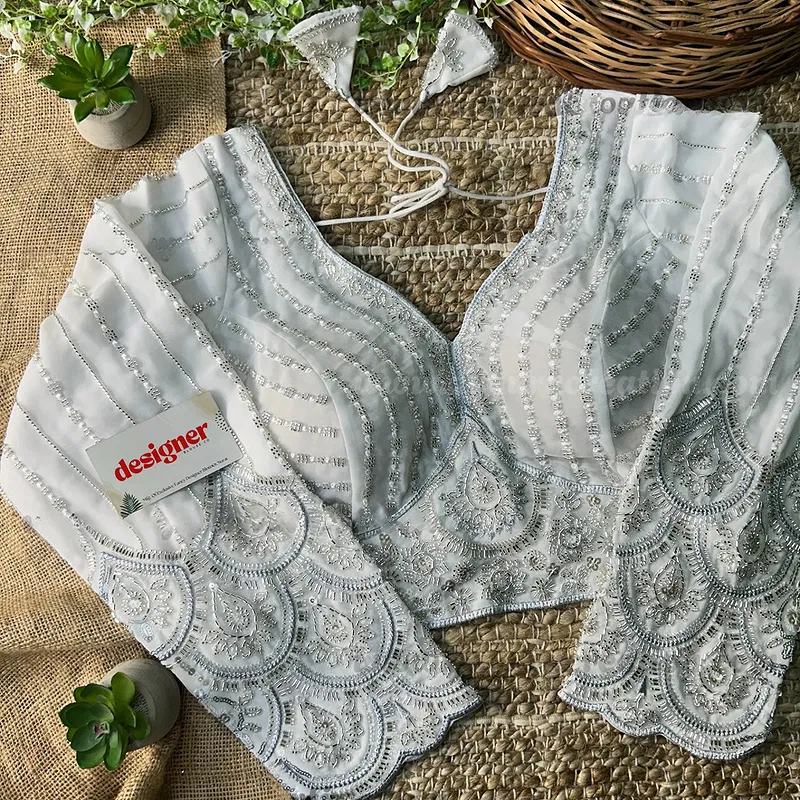 White Color Beaded Readymade Designer Blouse With Long Sleeves