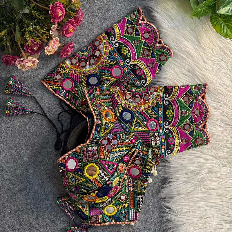 Black Color Silk Heavy Multi-Thread Mirror Work Navratri Blouse