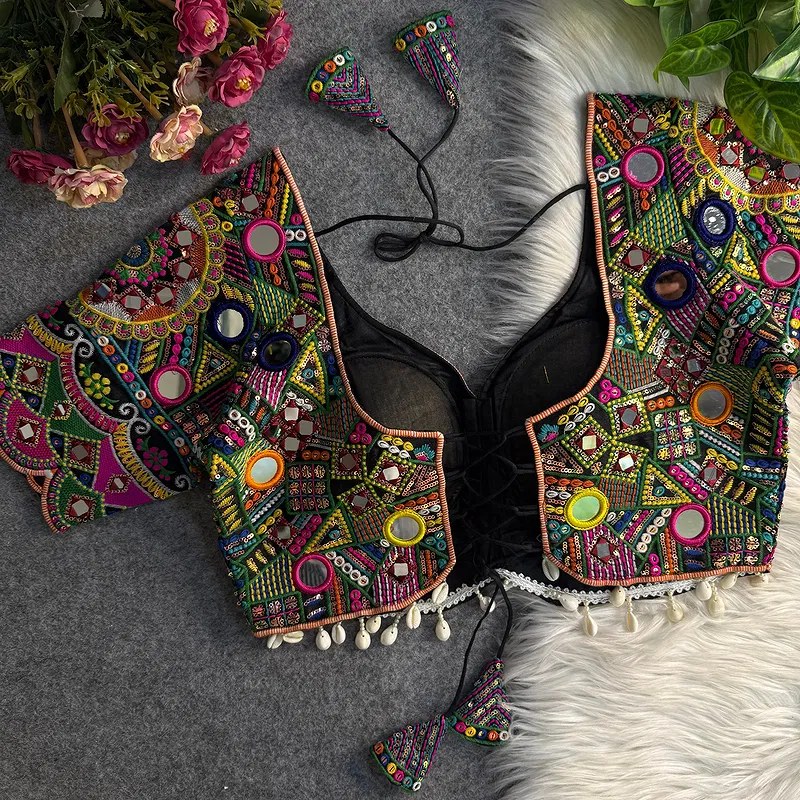 Black Color Silk Heavy Multi-Thread Mirror Work Navratri Blouse