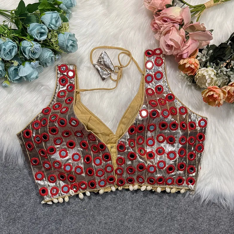 Red Color Navratri Special Readymade Mirror Work Blouse