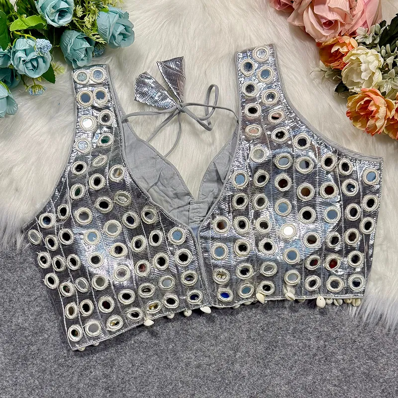 Silver Color Navratri Special Readymade Mirror Work Blouse