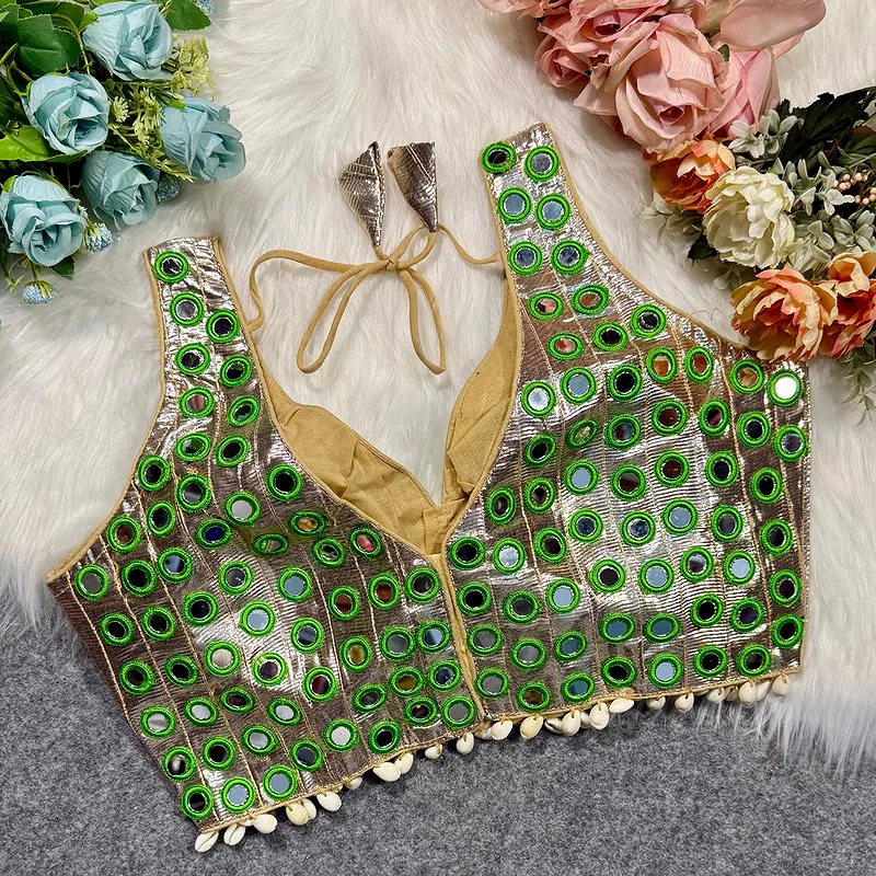 Green Color Navratri Special Readymade Mirror Work Blouse