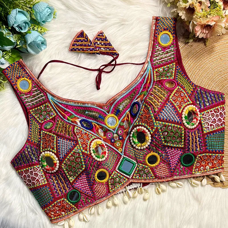 Maroon Sleeveless Navratri Handwork Readymade Blouse for Garba Nights 