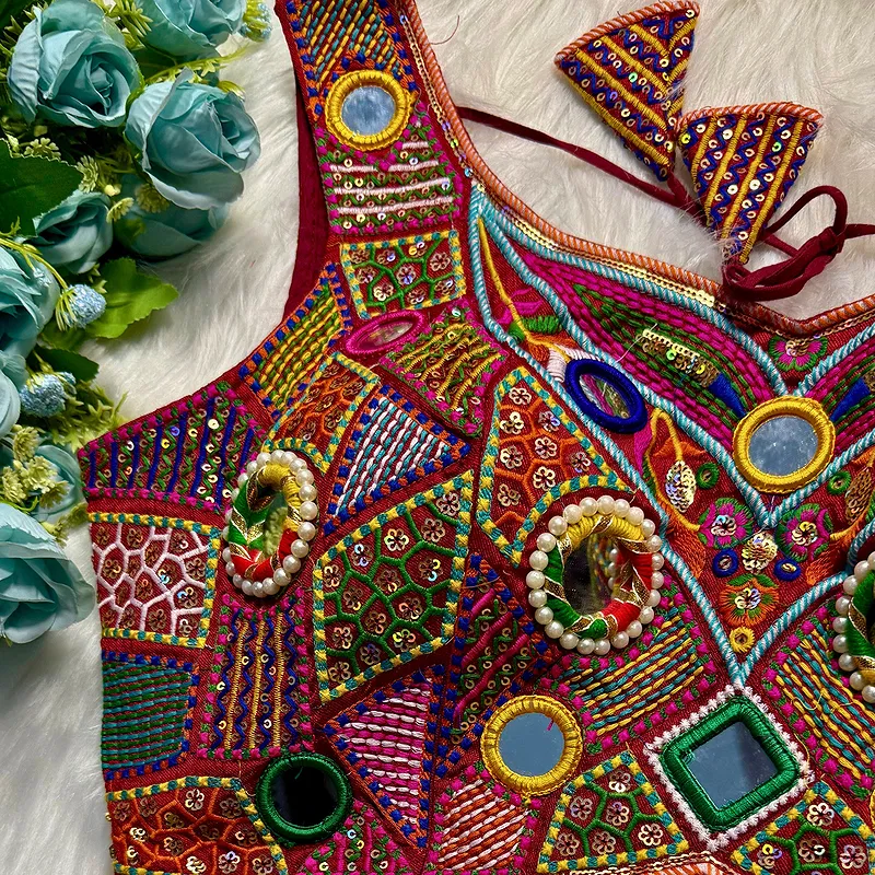 Maroon Sleeveless Navratri Handwork Readymade Blouse for Garba Nights 