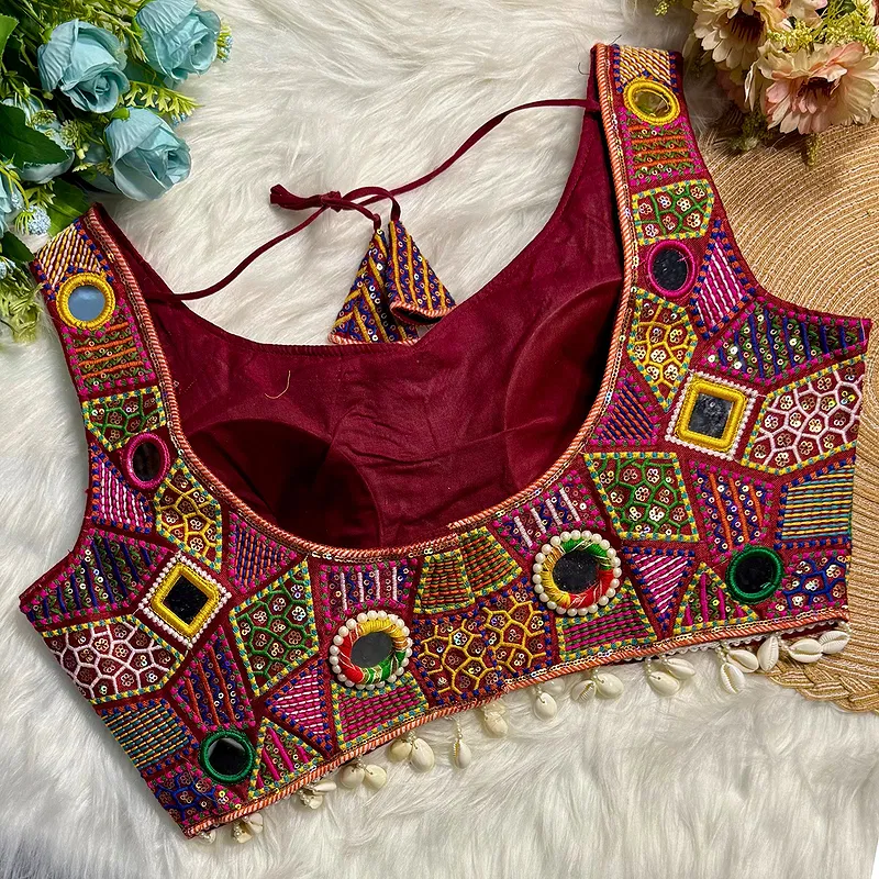 Maroon Sleeveless Navratri Handwork Readymade Blouse for Garba Nights 