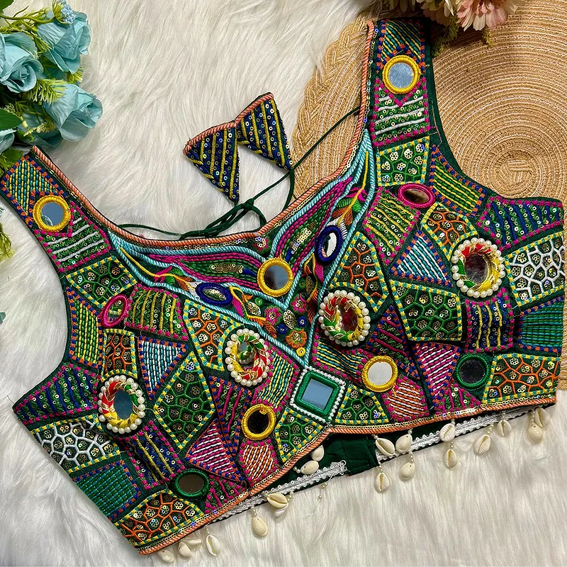 Green Sleeveless Navratri Handwork Readymade Blouse for Garba Nights 