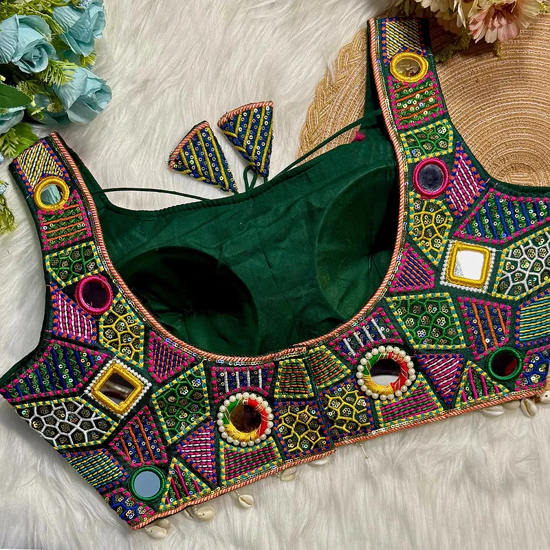 Green Sleeveless Navratri Handwork Readymade Blouse for Garba Nights 