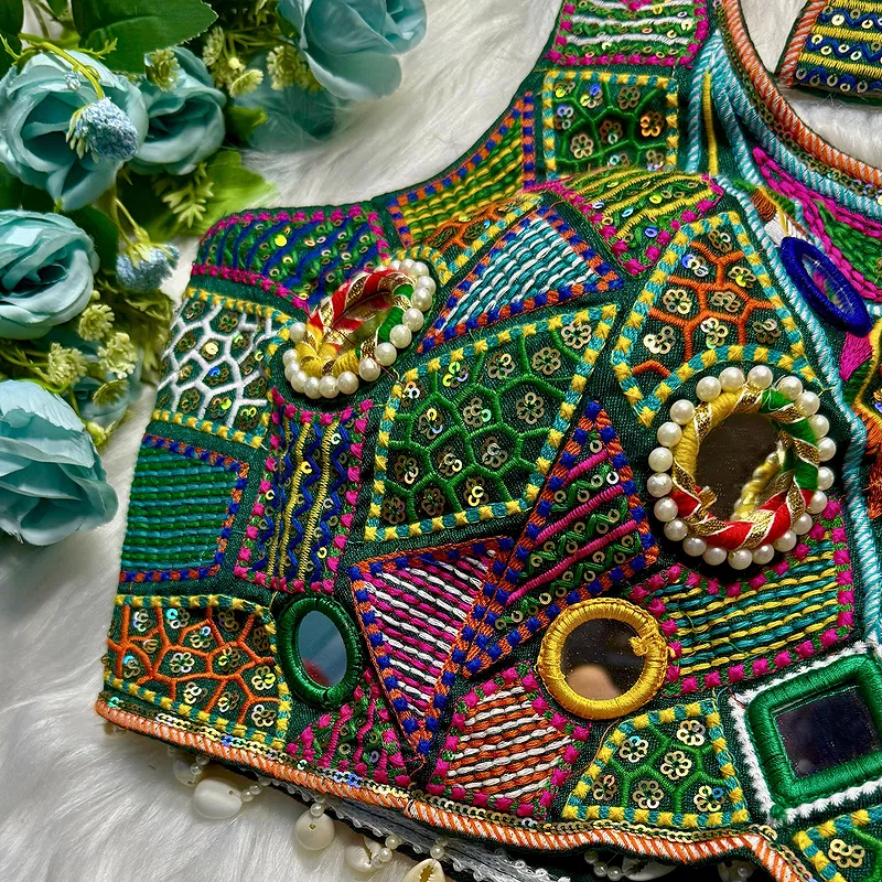 Green Sleeveless Navratri Handwork Readymade Blouse for Garba Nights 