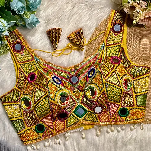 Yellow Sleeveless Navratri Handwork Readymade Blouse for Garba Nights 
