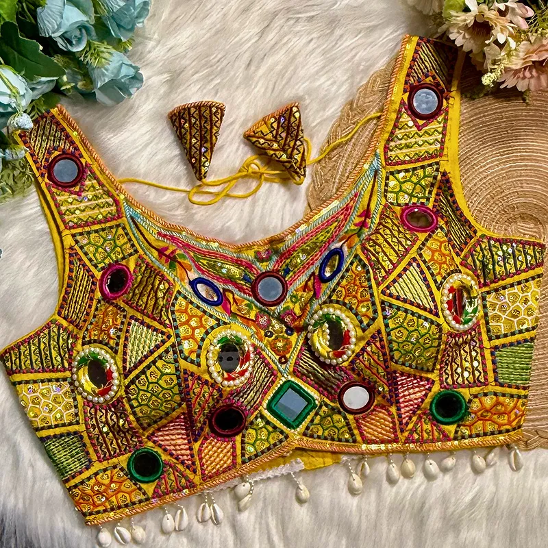 Yellow Sleeveless Navratri Handwork Readymade Blouse for Garba Nights 